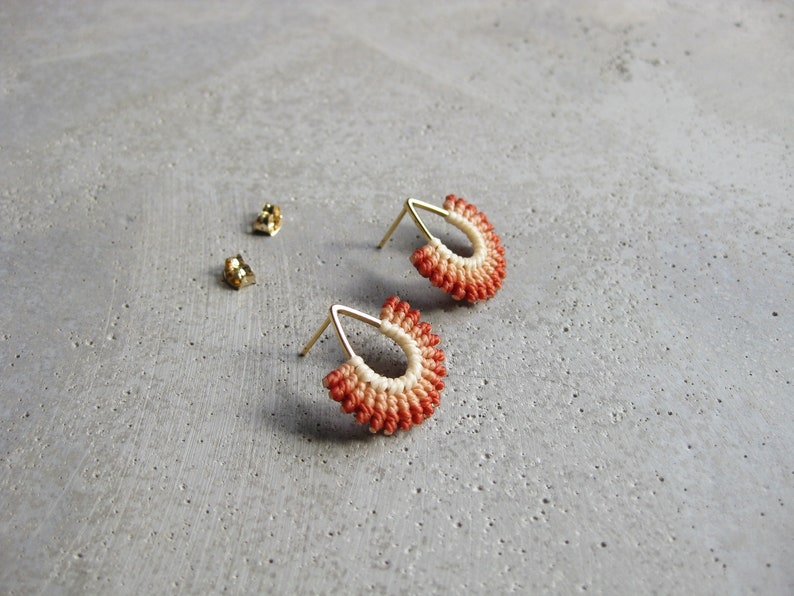 Fan Shape Stud Earrings . Gold . Terracotta . Modern Macrame Earrings . Teardrop Earrings . MicroMacrame Jewellery . Design by .. raïz .. image 3