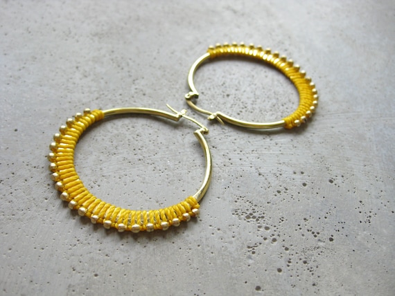 C A L Y P S O . Yellow Brass Hoop Earrings . Fiber Jewelry . Textile Jewellery  © Design by .. raïz ..