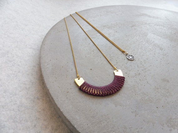 Brass Necklace w/ Burgundy Fiber Detail . SemiCircle Crescent Pendant . Colorful Minimalist Textile Jewelry . Design by .. raïz ..