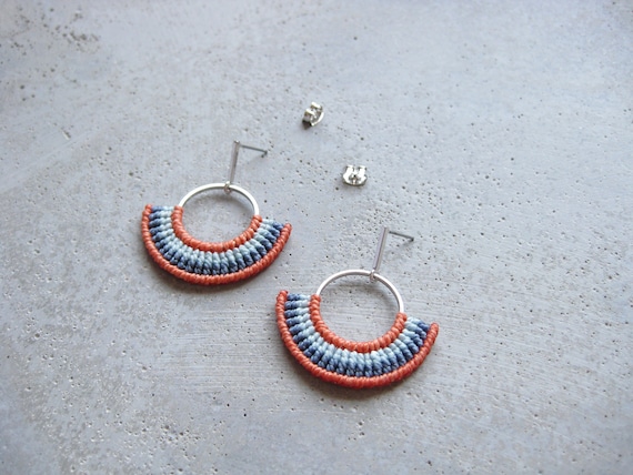 SemiCircle Handwoven Earrings . Modern Micro Macrame . Silver Fan Shape Hoops . Textile Jewellery . Design by .. raïz ..