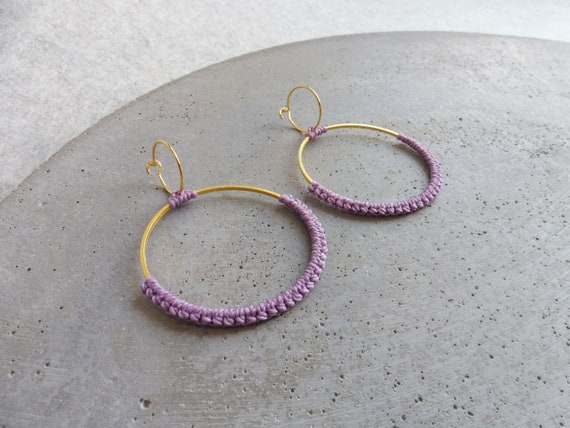 Lilac Double Hoops Earrings . Circle Round Earrings . Gold or Stainless Steel. Lightweight Earrings . Textile Earrings . Pastel Jewelry