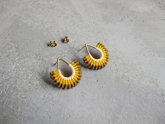 I B E Y I . Teardrop Stud Earrings . Mustard Yellow . Micro Macrame . Fiber Jewelry Textile . © Design by .. raïz ..