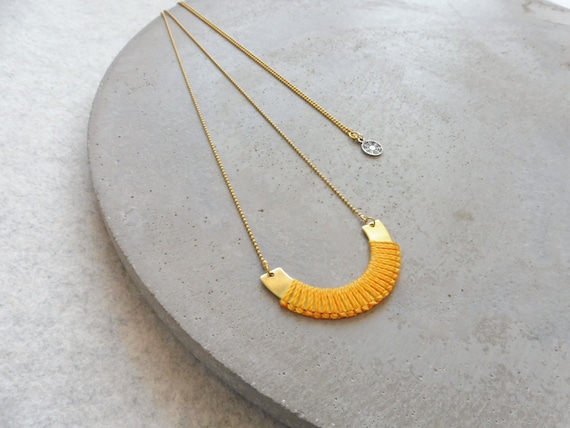 Brass Necklace w/ Yellow Fiber Detail . SemiCircle Crescent Pendant . Minimalist Textile Jewelry . Colorful Jewelry . Design by .. raïz ..