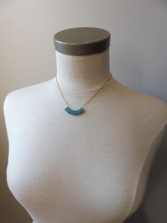 S u k a . Dainty Crescent Textile Necklace in Turquoise . Modern Minimalist Macrame Jewelry . Design by .. raïz ..