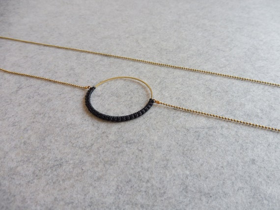 R i O . Circle Hoop Pendant Necklace . Black & Brass  . Modern Fiber Textile Jewelry © Design by .. raïz ..