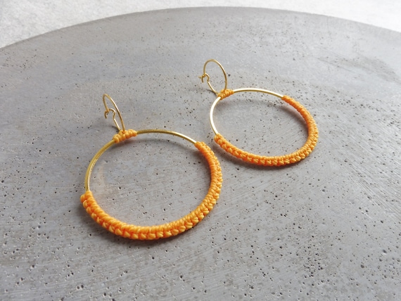 Yellow Hoop Earrings . Fiber Earrings . Double Circle Earrings . Round Earrings . Terracotta . Lightweight Earrings . Statement Earrings