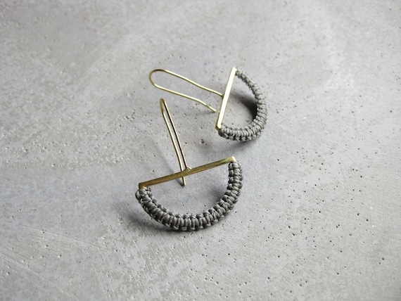 O L G A . Brass Semicircle Dangle Earrings w/ Gray Fiber Detail . Modern Macrame Textile Jewelry © Design by .. raïz ..