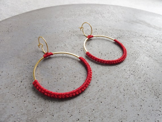 Red Fiber Hoops . Double Circle Earrings . Round Earrings . Gold or Stainless Steel. Lightweight Earrings . Statement Textile Earrings