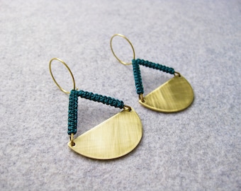Brass Disc Hoop Earrings: Emerald Green Macrame, Geometric Jewelry