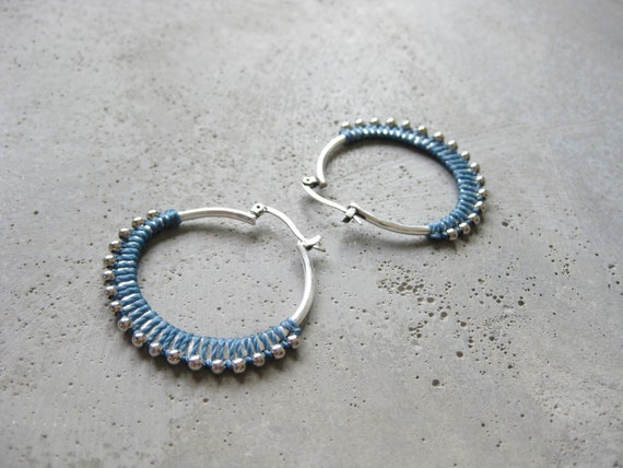 C A L Y P S O . Blue . Silver Plated Fiber Hoop Earrings . Textile Jewellery . Boho Earrings Jewelry . Design by .. raïz ..