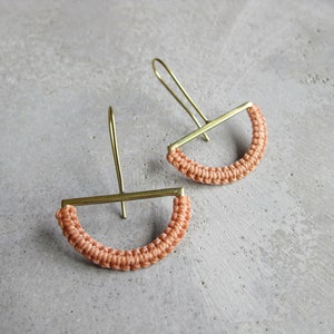 HalfMoon Earrings . Brass Dangle Drop Earrings . Textile Fiber Jewelry . Modern Macramé Jewelry . Geometric . Pastel Jewellery image 7