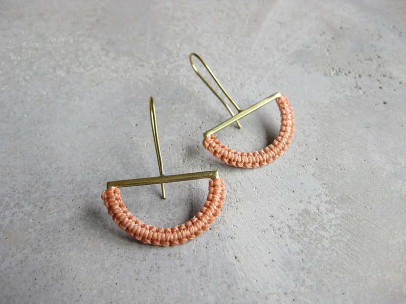 HalfMoon Earrings . Brass Dangle Drop Earrings . Textile Fiber Jewelry . Modern Macramé Jewelry . Geometric . Pastel Jewellery image 7