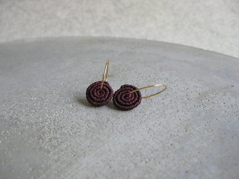 Burgundy Coil Earrings . MicroMacrame Gold or Silver Hoops . Circle Round Macrame Earrings . Lightweight Earrings . Design by ....raïz image 9