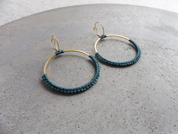 Emerald Fiber Hoop Earrings . Double Circle Earrings . Round Earrings . Gold or Stainless Steel. Lightweight Earrings . Statement Earrings