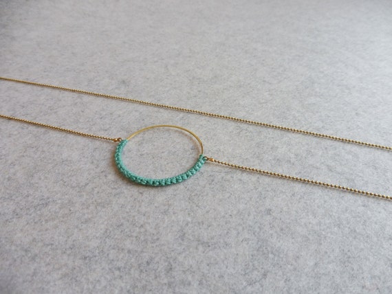 R i O . Circle Hoop Pendant Necklace . Turquoise & Brass  . Modern Fiber Textile Jewelry © Design by .. raïz ..