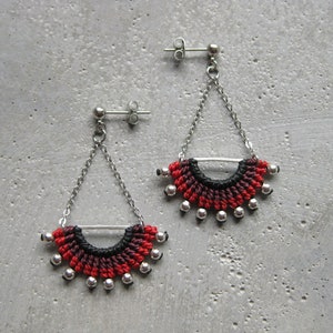 Red Textile Dangling Earrings . Half Circle Silver Chain EarStud . Micro Macrame Fibre Jewelry . Design by .. raïz .. image 3
