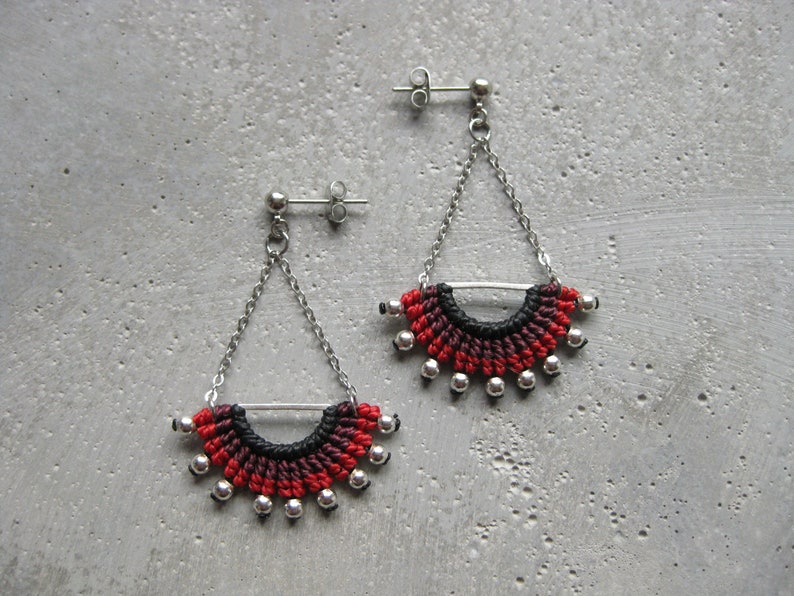 Red Textile Dangling Earrings . Half Circle Silver Chain EarStud . Micro Macrame Fibre Jewelry . Design by .. raïz .. image 3