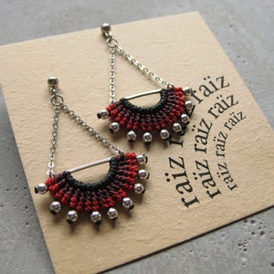 Red Textile Dangling Earrings . Half Circle Silver Chain EarStud . Micro Macrame Fibre Jewelry . Design by .. raïz .. image 7