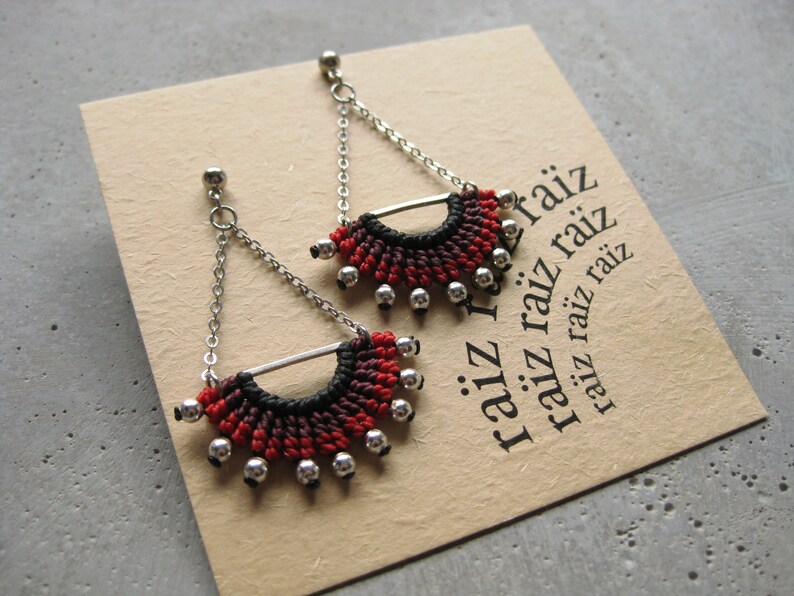 Red Textile Dangling Earrings . Half Circle Silver Chain EarStud . Micro Macrame Fibre Jewelry . Design by .. raïz .. image 7