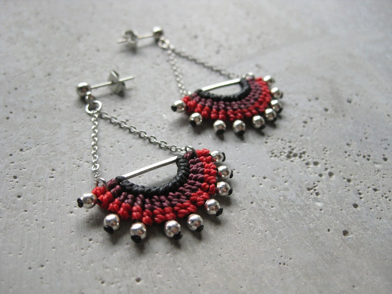 Red Textile Dangling Earrings . Half Circle Silver Chain EarStud . Micro Macrame Fibre Jewelry . Design by .. raïz .. image 1