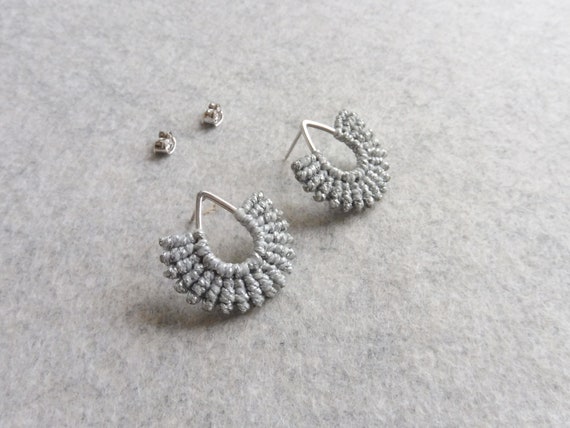 I b e y i . Metallic Silver Micro Macrame Earrings . Teardrop Rhodium Stud Earrings . © Design by .. raïz ..