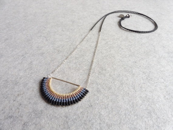 Half Circle Fiber Necklace . Micr Macrame Textile Jewellery . Adjustable Length Pendant . Design by .. raïz ..