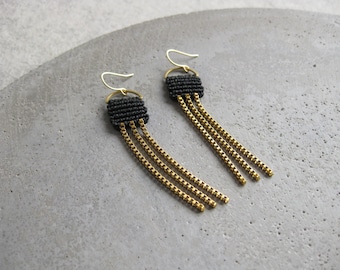 Long Dangle Brass Earrings . Modern Macrame Jewelry . Black Fiber and Chains . Geometric Earrings . Golden Earrings . Boho Chic Jewelry