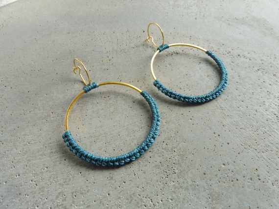 Light Hoop Earrings . Teal Fiber Earrings . Double Circle Hoops Earrings . Gold or Silver . Colorful Jewelry . Modern Macrame Jewellery