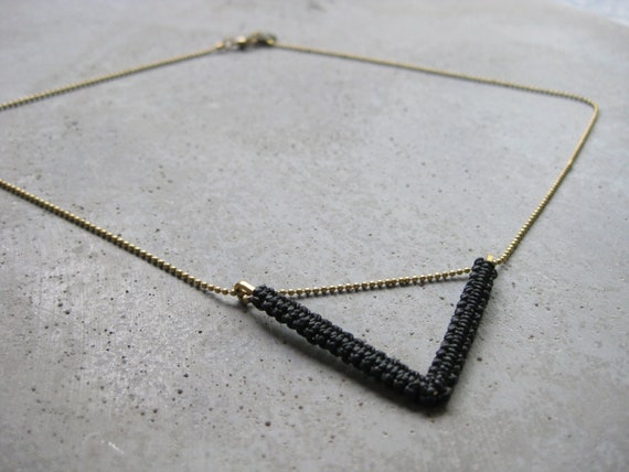 Black Chevron Necklace . Brass Geometric Necklace . Modern Macrame Jewelry . Dainty Textile Jewelry . Fiber Jewellery . Design by .. raïz ..