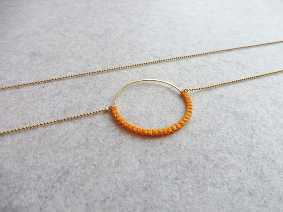 R i O . Circle Hoop Pendant Necklace . Yellow on Brass  . Modern Fiber Textile Jewelry © Design by .. raïz ..