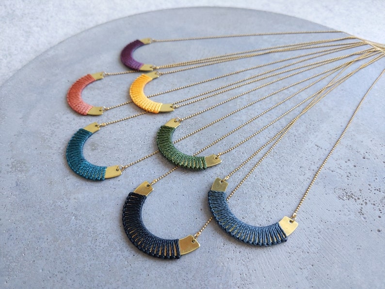 Brass Necklace w/ Fiber Detail . Modern Macrame Necklace . Minimalist Textile Jewelry . Semicircle Design by .. raïz .. image 3
