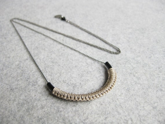 V A R O A . Tube Pendant on Long Chain with Macrame Fiber Detail . Modern Minimalist Textile Jewelry . © Design par .. raïz ..