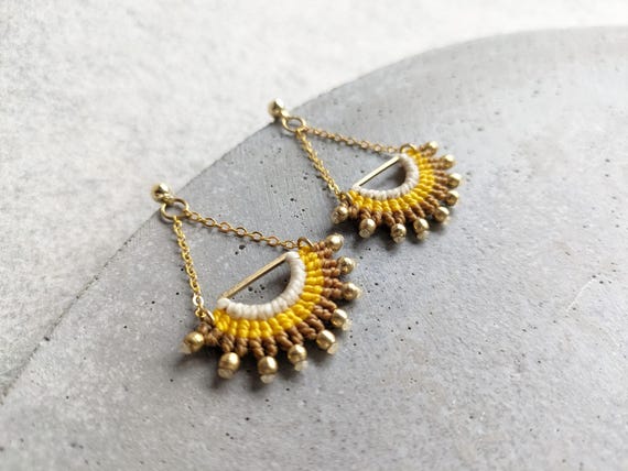 I N T I . Long Dangling Fiber & Metal Earrings . Yellow . Micro Macrame © Design by .. raïz ..