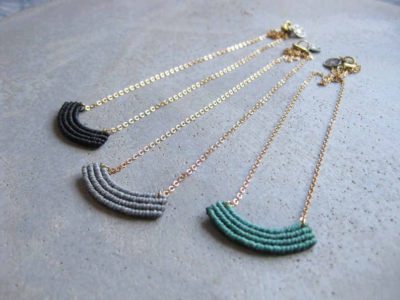 Dainty Minimalist Macrame Necklace . Turquoise . Gold Brass Chain . Modern Textile Jewelry . Fiber. Crescent Necklace . Design by .. raïz .. image 4