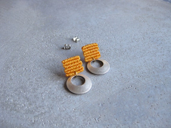 L u a . Yellow Stud Earrings with Circular Silver Adornment . Fiber Textile Jewelry.  © Design by .. raïz ..