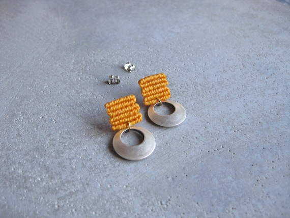 L u a . Yellow Stud Earrings with Circular Silver Adornment . Fiber Textile Jewelry.  © Design by .. raïz ..