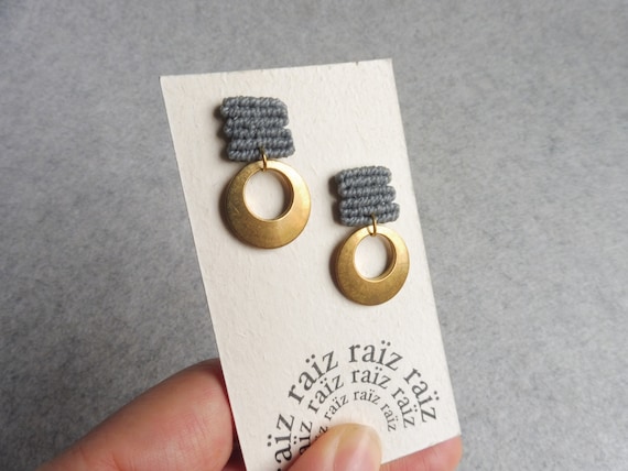 L u a . Grey Stud Earrings with Dangling Brass Adornment . Fiber Textile Jewelry.  © Design by .. raïz ..