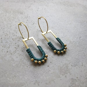 Dangle Brass Hoop Earrings w/ Green Fiber Detail . Charm Hoops . Gold Beaded Earrings . Modern Macrame . Textile Jewellery . Light Earrings image 8