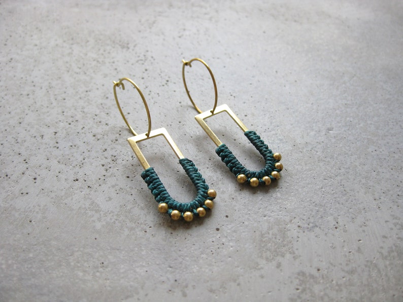 Dangle Brass Hoop Earrings w/ Green Fiber Detail . Charm Hoops . Gold Beaded Earrings . Modern Macrame . Textile Jewellery . Light Earrings image 8