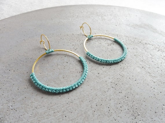 Turquoise Fiber Hoop Earrings . Double Circle Earrings . Round Earrings . Gold or Stainless Steel. Lightweight Earrings . Statement Earrings