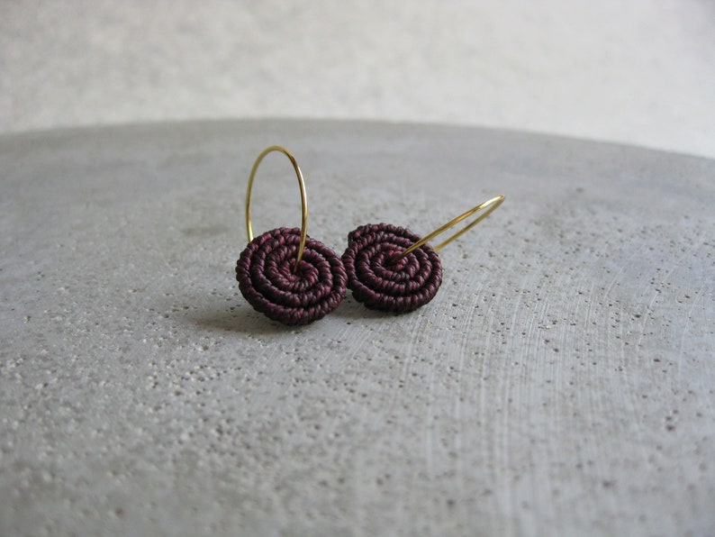 Burgundy Coil Earrings . MicroMacrame Gold or Silver Hoops . Circle Round Macrame Earrings . Lightweight Earrings . Design by ....raïz image 1