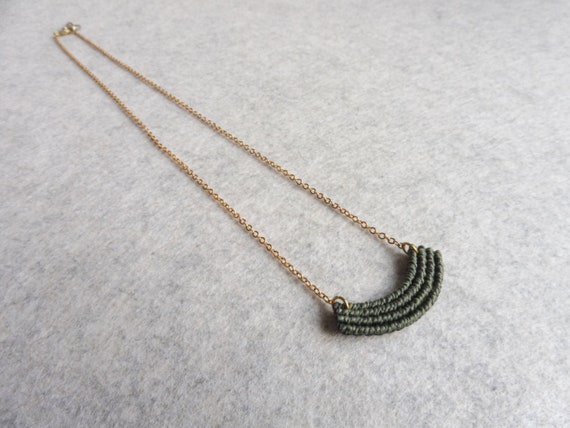 S U K A . Dainty Minimalist Macrame Necklace . Moss Green . Gold Brass Chain . Textile Jewelry .. Design by .. raïz ..