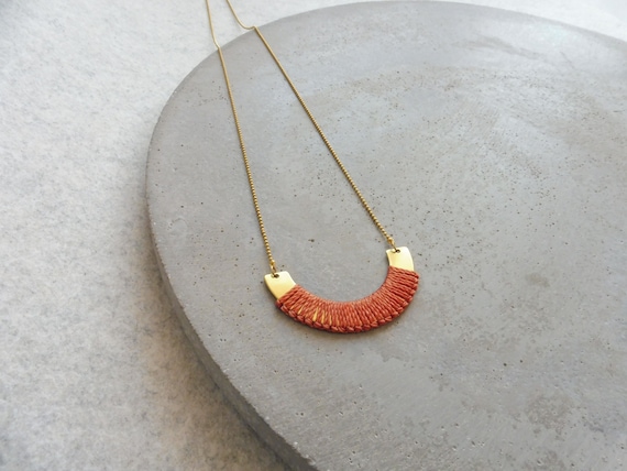 Brass Necklace w/ Terracotta Fiber Detail . SemiCircle Crescent Pendant . Colorful Minimalist Textile Jewelry . Design by .. raïz ..