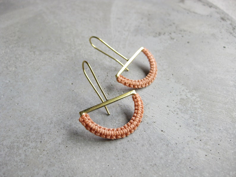 HalfMoon Earrings . Brass Dangle Drop Earrings . Textile Fiber Jewelry . Modern Macramé Jewelry . Geometric . Pastel Jewellery image 3