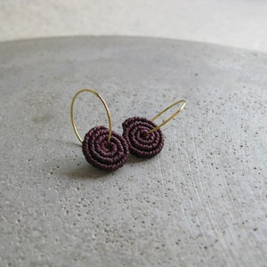 Burgundy Coil Earrings . MicroMacrame Gold or Silver Hoops . Circle Round Macrame Earrings . Lightweight Earrings . Design by ....raïz image 6