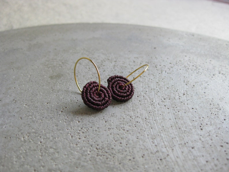 Burgundy Coil Earrings . MicroMacrame Gold or Silver Hoops . Circle Round Macrame Earrings . Lightweight Earrings . Design by ....raïz image 6