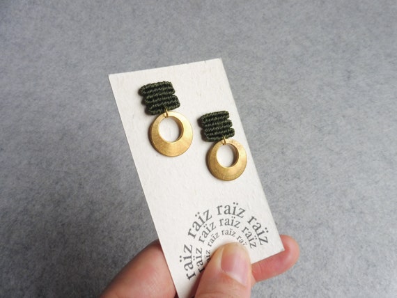 L u a . Stud Earrings in Khaki Green with Circular Brass Adornment . Modern Fiber Textile Jewelry.  © Design by .. raïz ..