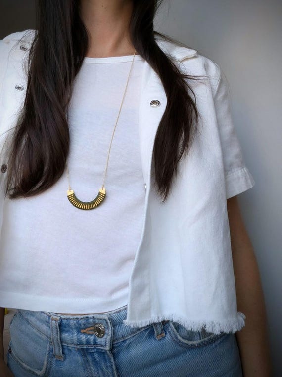 Brass Semicircle Necklace: Olive Green Fiber Macrame, Minimalist Jewelry