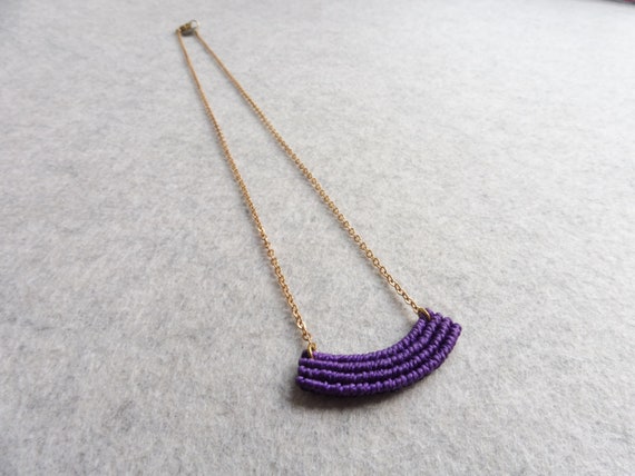 S U K A . Dainty Minimalist Macrame Necklace . Purple . Gold Brass Chain . Textile Jewelry .. Design by .. raïz ..