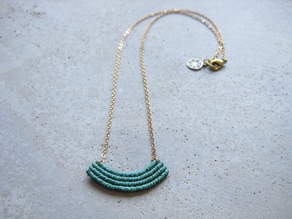 Dainty Minimalist Macrame Necklace . Turquoise . Gold Brass Chain . Modern Textile Jewelry . Fiber. Crescent Necklace . Design by .. raïz ..